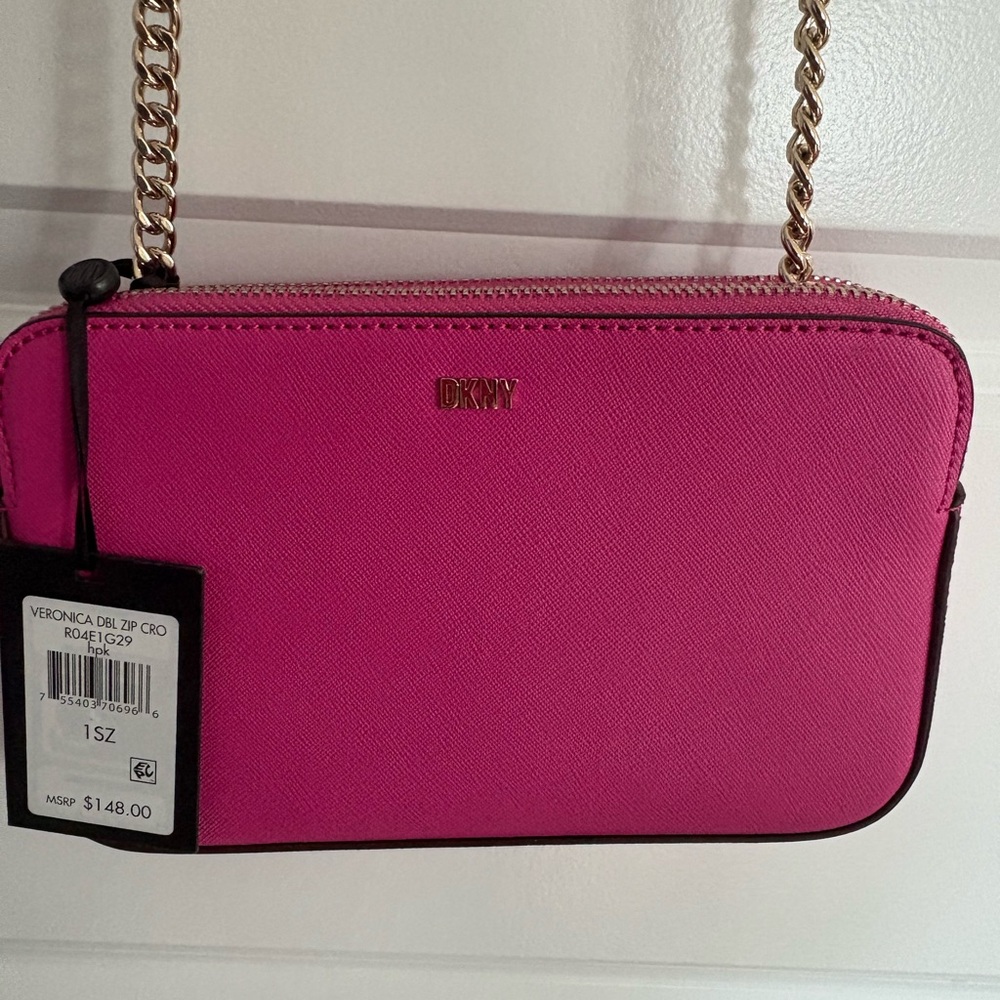 NWT- DKNY pink double zip victoria leather crossbody bag - Picture 1 of 12